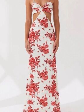 Peppermayo White Maxi Dress with Red Floral Print and Cutout